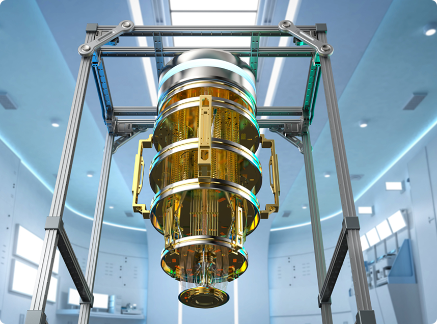 Cryogenic quantum system suspended in a laboratory frame for low-temperature quantum computing experiments.