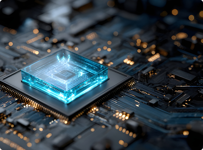 **Alt text:** Close-up of a glowing blue quantum chip mounted on a computer circuit board.
