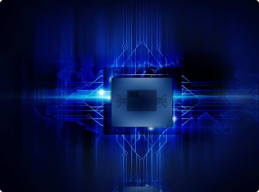 Quantum computing technology concept with a central processor chip surrounded by blue digital circuit patterns.