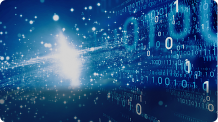 Abstract blue digital technology background featuring binary code, glowing data streams, and light particles representing quantum control systems and advanced computing technology.